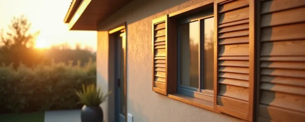 Image d'une maison moderne avec des volets battants en composite aux couleurs naturelles et durables