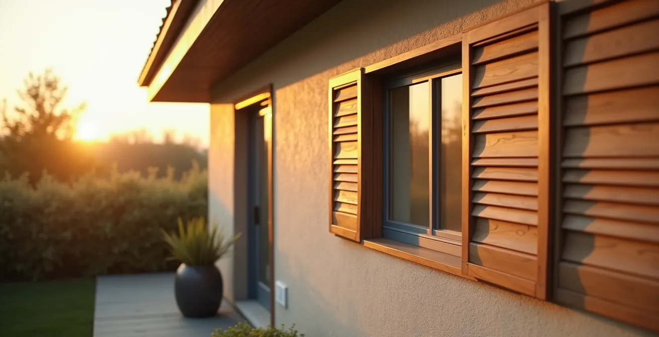 Image d'une maison moderne avec des volets battants en composite aux couleurs naturelles et durables