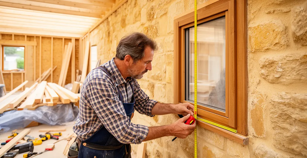 Artisan prenant des mesures précises sur tableau de fenêtre pour extension