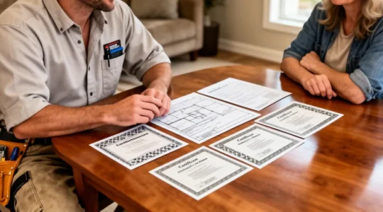 Un artisan RGE consultant des documents avec un client dans un intérieur rénové