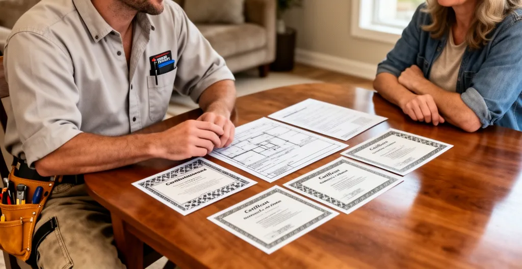 Un artisan RGE consultant des documents avec un client dans un intérieur rénové