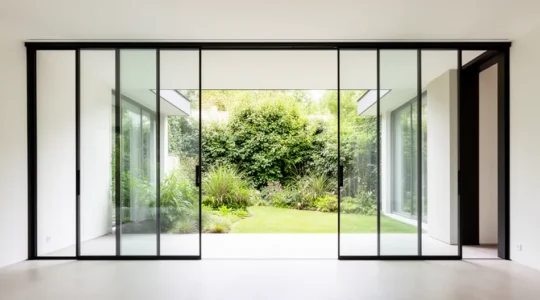 Baie à galandage moderne avec vue sur jardin illustrant l'isolation thermique optimale