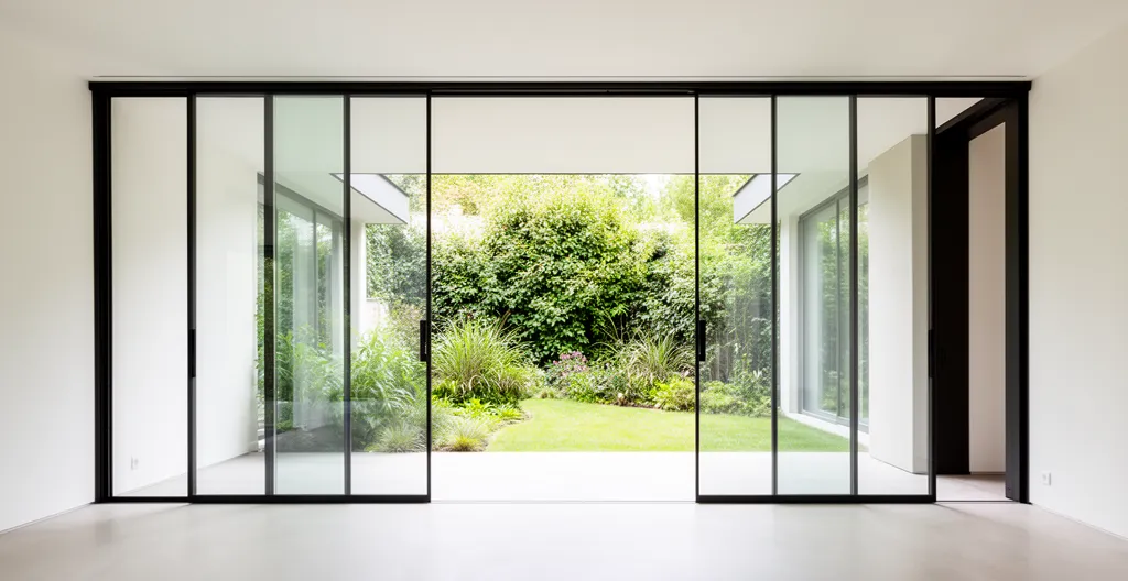 Baie à galandage moderne avec vue sur jardin illustrant l'isolation thermique optimale