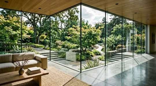 Salon moderne avec baie vitrée d'angle sans poteau ouvrant sur terrasse et jardin paysager