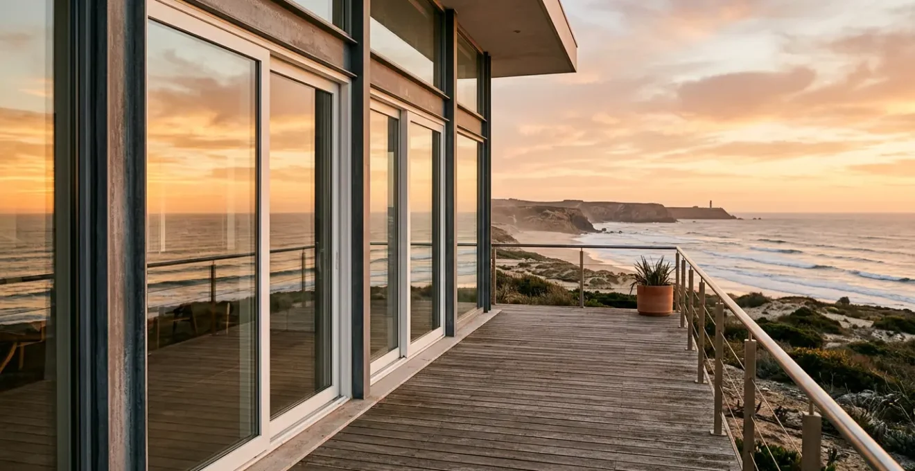 Baie vitrée contemporaine face à l'océan avec menuiseries mixtes PVC et aluminium