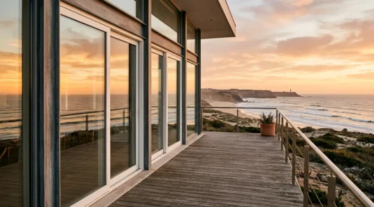 Baie vitrée contemporaine face à l'océan avec menuiseries mixtes PVC et aluminium