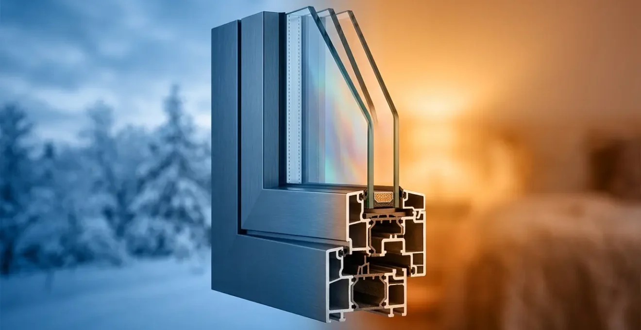 Vue d'ensemble d'une fenêtre moderne en coupe avec visualisation thermique et détails techniques