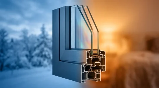 Vue d'ensemble d'une fenêtre moderne en coupe avec visualisation thermique et détails techniques