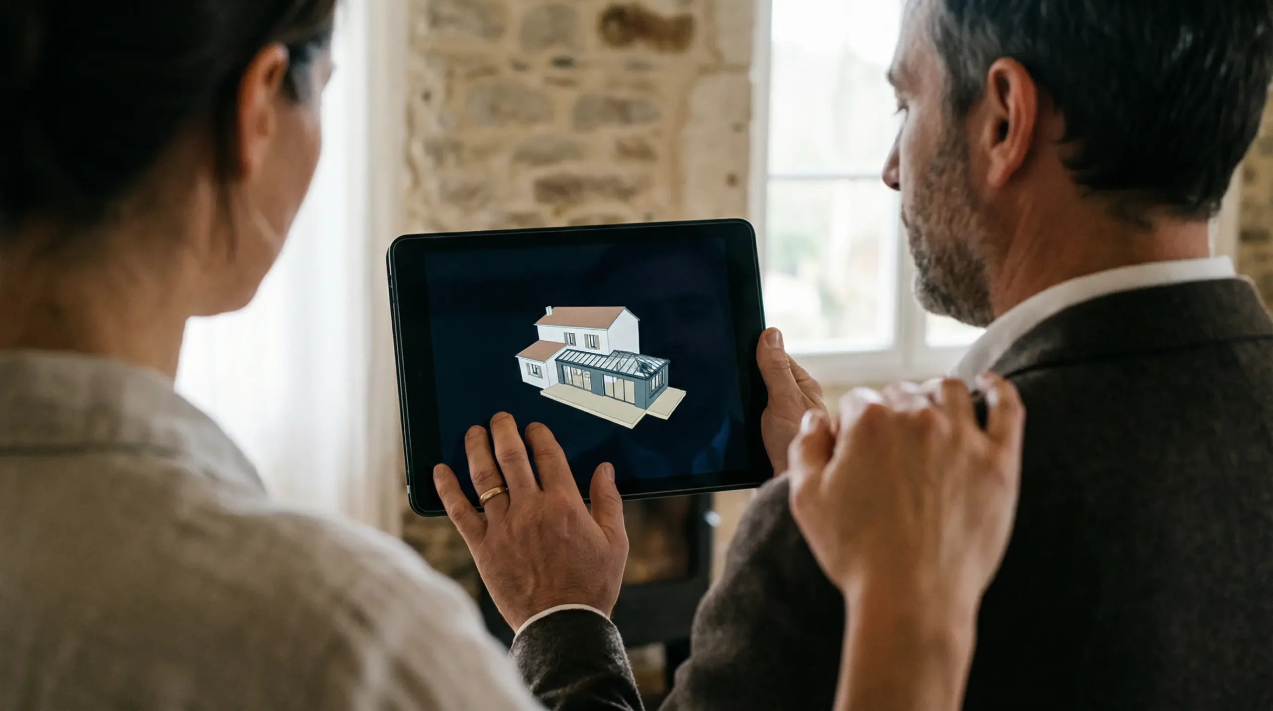 Propriétaires étudiant un projet d'extension moderne sur écran