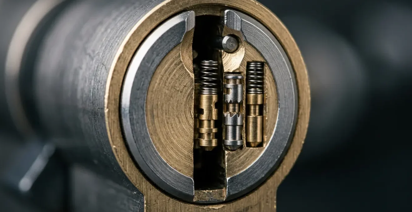 Vue rapprochée d'un cylindre de serrure A2P haute sécurité avec détails mécaniques visibles