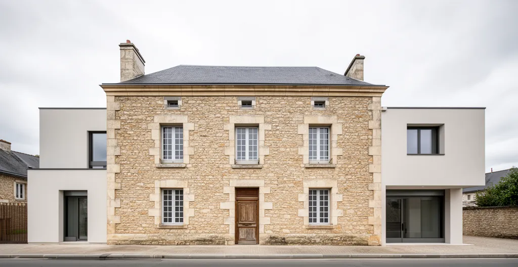 Façade de maison ancienne avec repères d'alignement visuels