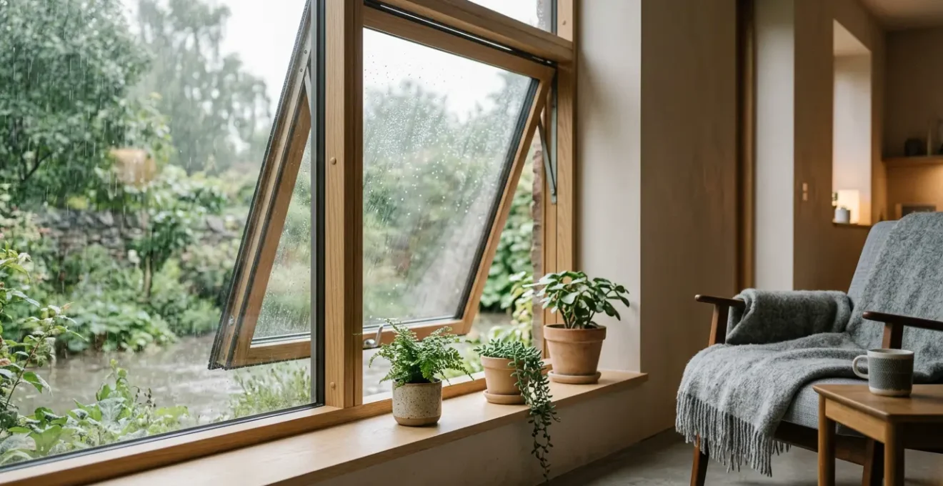 Fenêtre à auvent moderne ouverte par temps de pluie dans un intérieur contemporain