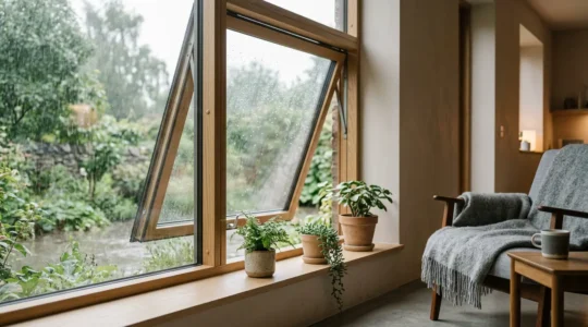 Fenêtre à auvent moderne ouverte par temps de pluie dans un intérieur contemporain