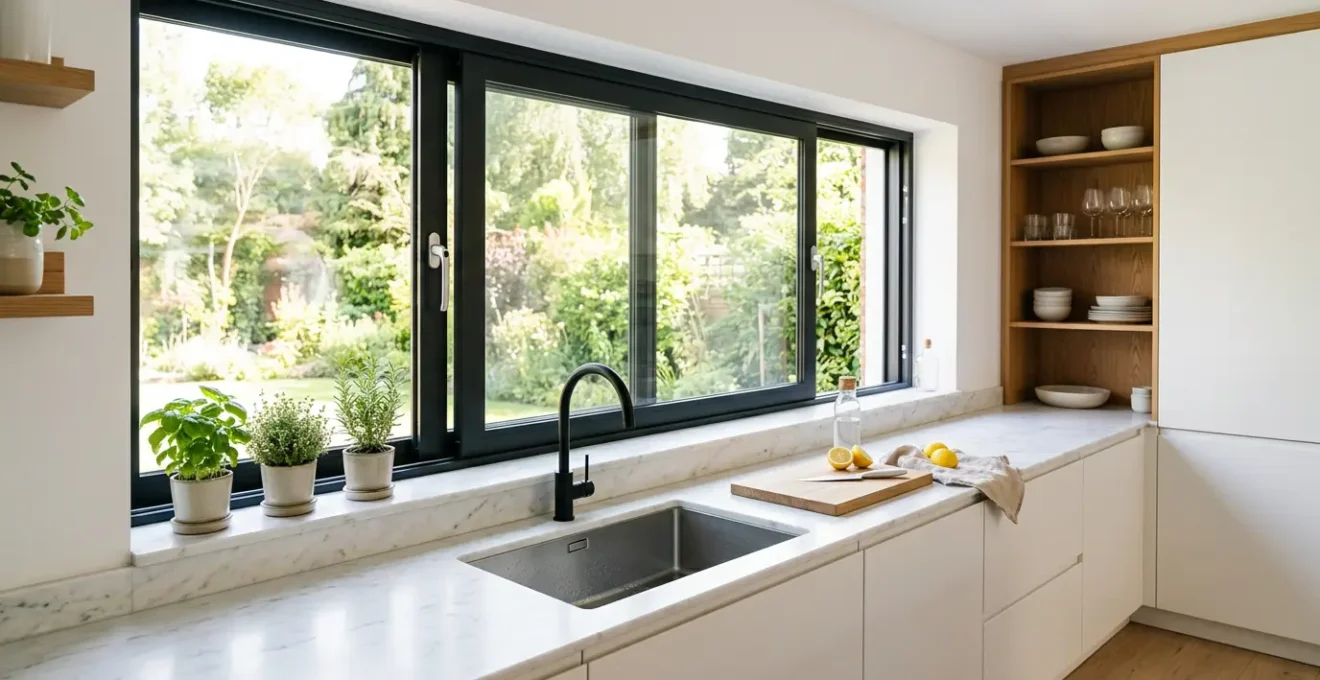 Fenêtre coulissante moderne dans une cuisine baignée de lumière naturelle