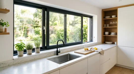 Fenêtre coulissante moderne dans une cuisine baignée de lumière naturelle