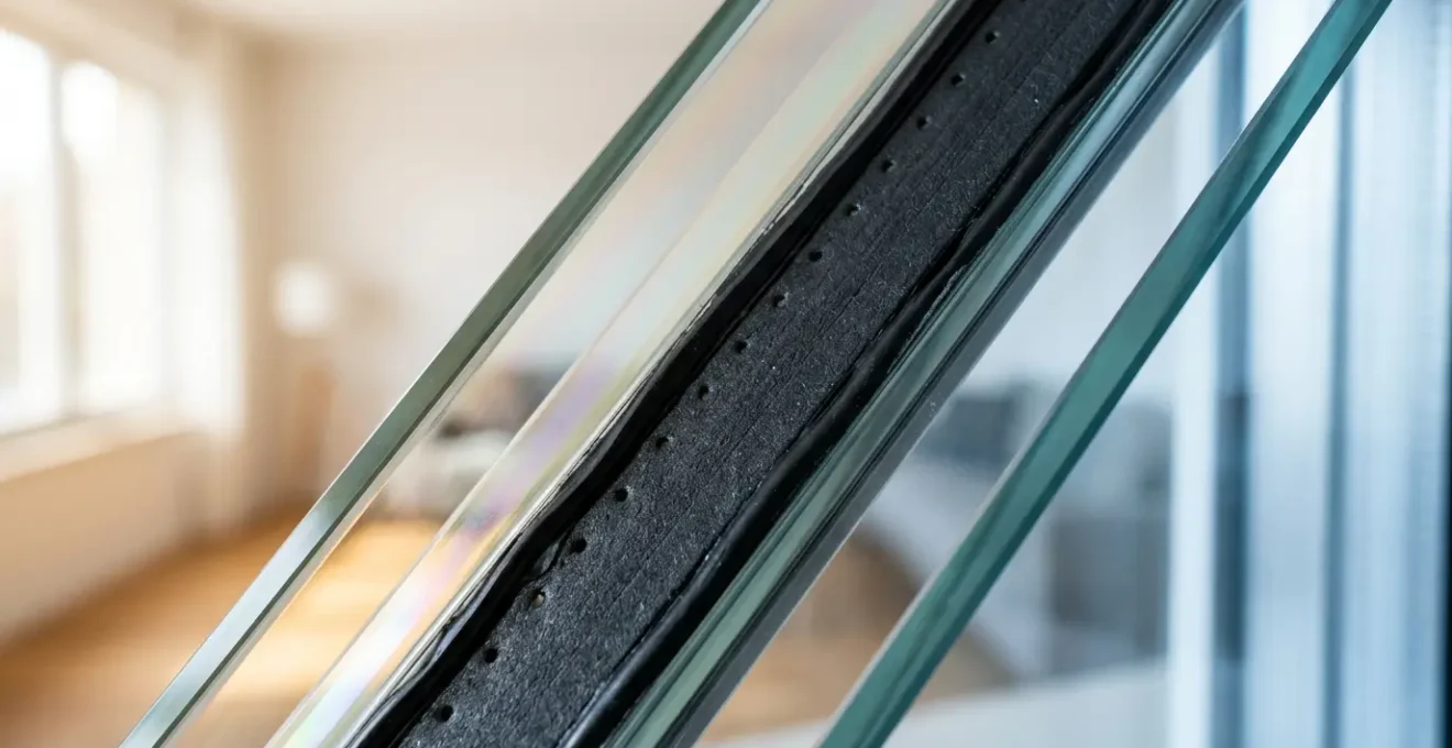 Vue en coupe d'une fenêtre moderne avec double vitrage ITR montrant les couches de verre, l'intercalaire warm edge et le gaz argon