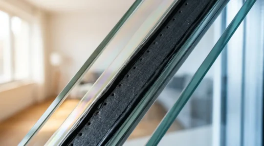 Vue en coupe d'une fenêtre moderne avec double vitrage ITR montrant les couches de verre, l'intercalaire warm edge et le gaz argon