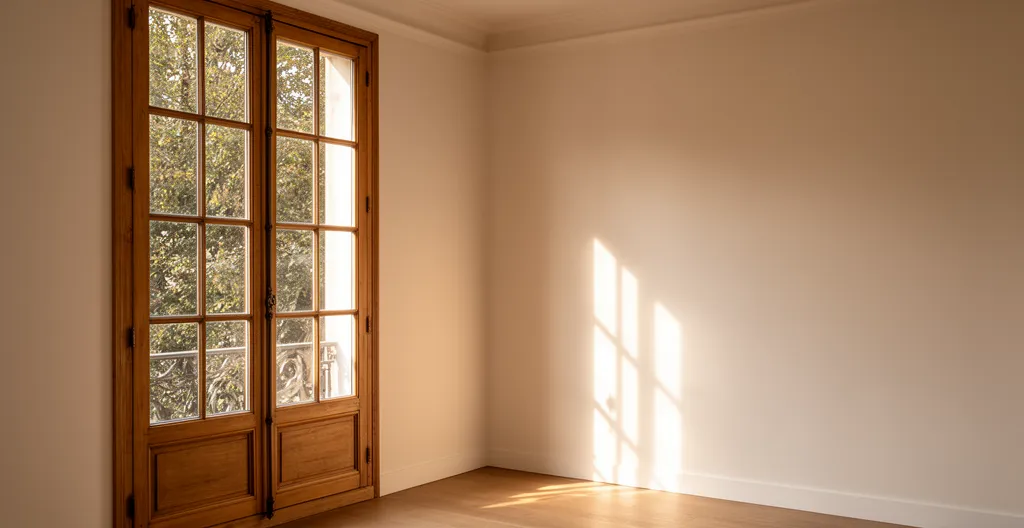 Intérieur élégant avec fenêtre à guillotine en bois dans un appartement parisien rénové