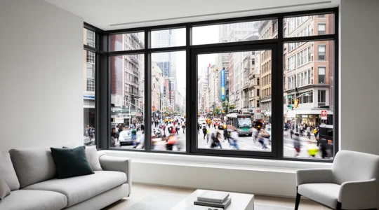 Fenêtre moderne avec double vitrage phonique dans un intérieur paisible montrant la différence entre le bruit extérieur et le calme intérieur