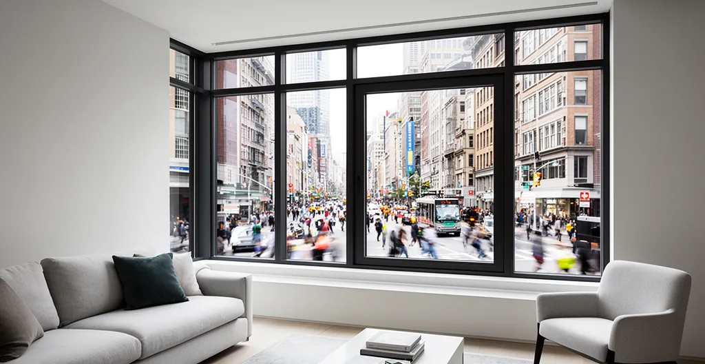 Fenêtre moderne avec double vitrage phonique dans un intérieur paisible montrant la différence entre le bruit extérieur et le calme intérieur