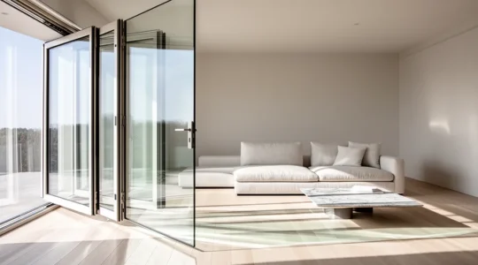 Intérieur de salon moderne baigné de lumière avec grande fenêtre pivotante design