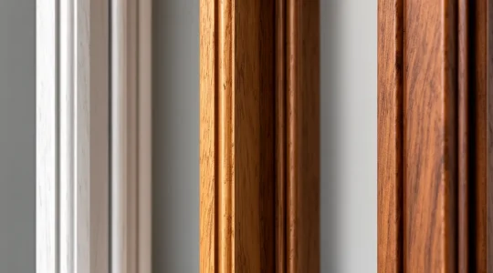 Comparaison visuelle de trois finitions pour bois : lasure microporeuse, vernis filmogène et peinture opaque sur échantillons de fenêtre