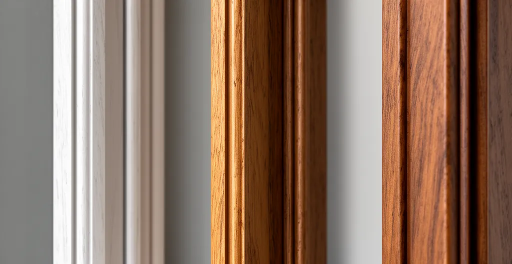 Comparaison visuelle de trois finitions pour bois : lasure microporeuse, vernis filmogène et peinture opaque sur échantillons de fenêtre