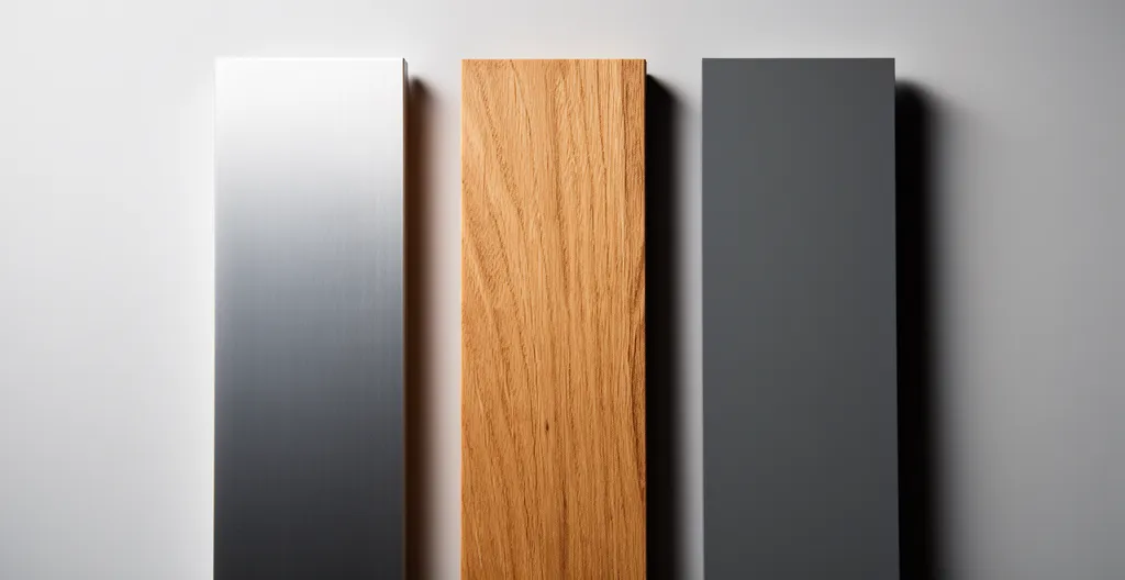 Comparaison visuelle de trois échantillons de menuiserie identiques en RAL avec différentes finitions et matériaux