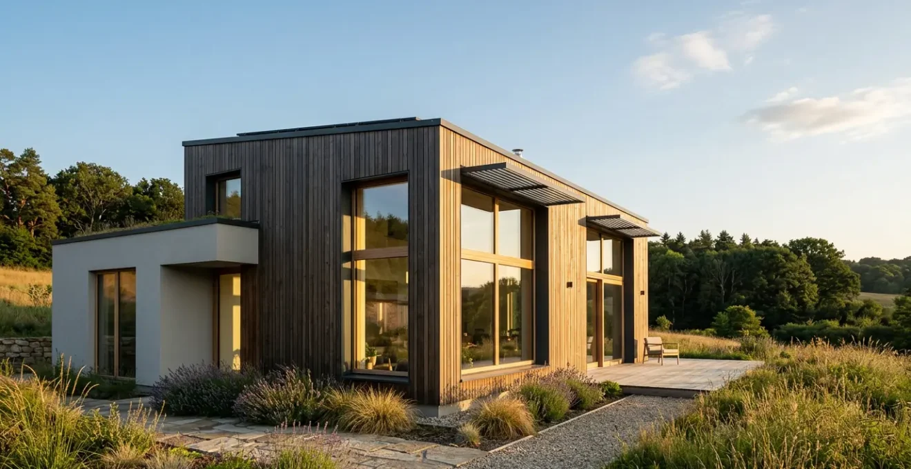 Vue architecturale d'une maison passive avec menuiseries triple vitrage et façade bioclimatique