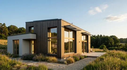 Vue architecturale d'une maison passive avec menuiseries triple vitrage et façade bioclimatique