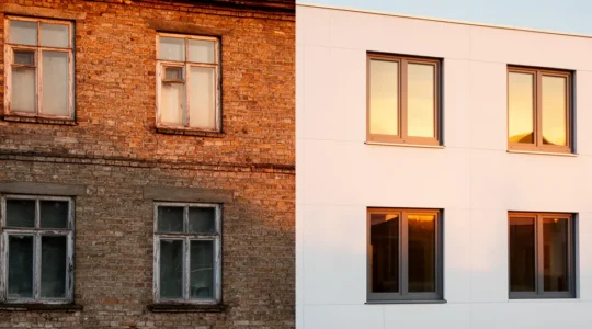 Vue panoramique d'une maison en cours de rénovation énergétique avec ouvriers sur le toit