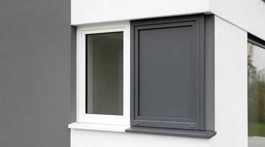 Vue d'une fenêtre bicolore avec cadre blanc côté intérieur et gris anthracite côté extérieur sur façade contemporaine