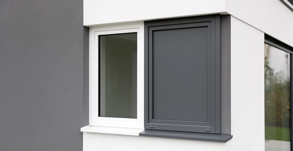 Vue d'une fenêtre bicolore avec cadre blanc côté intérieur et gris anthracite côté extérieur sur façade contemporaine