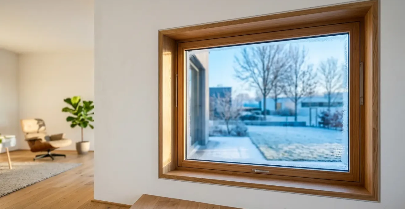 Vue comparative montrant une fenêtre en bois avec détails de structure isolante et sensation de chaleur