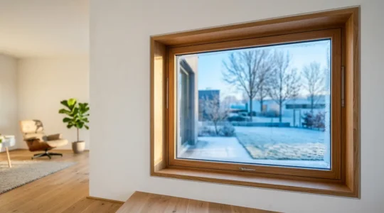 Vue comparative montrant une fenêtre en bois avec détails de structure isolante et sensation de chaleur