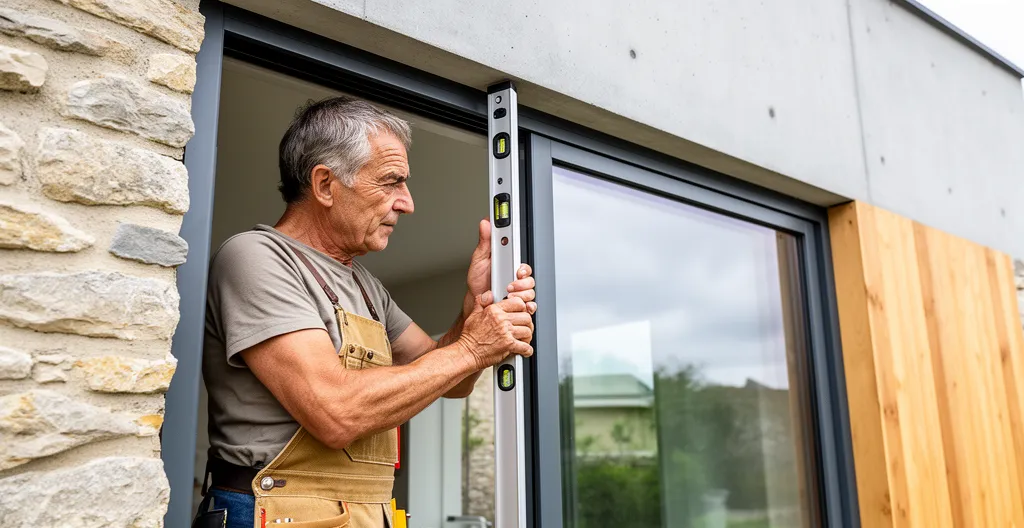 Menuisier vérifiant l'alignement d'une baie vitrée sur extension moderne