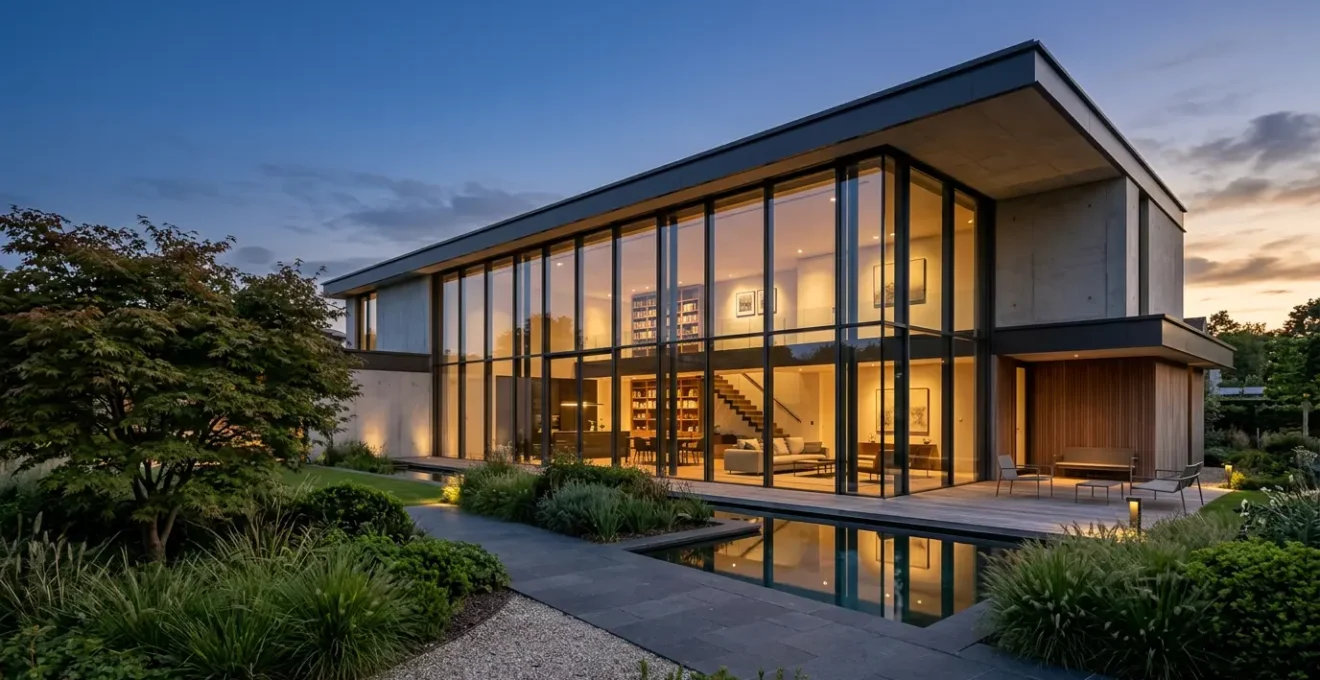 Villa contemporaine avec façade en mur-rideau vitré donnant sur un jardin paysagé