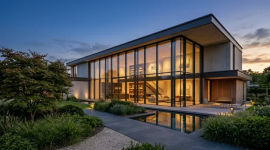 Villa contemporaine avec façade en mur-rideau vitré donnant sur un jardin paysagé