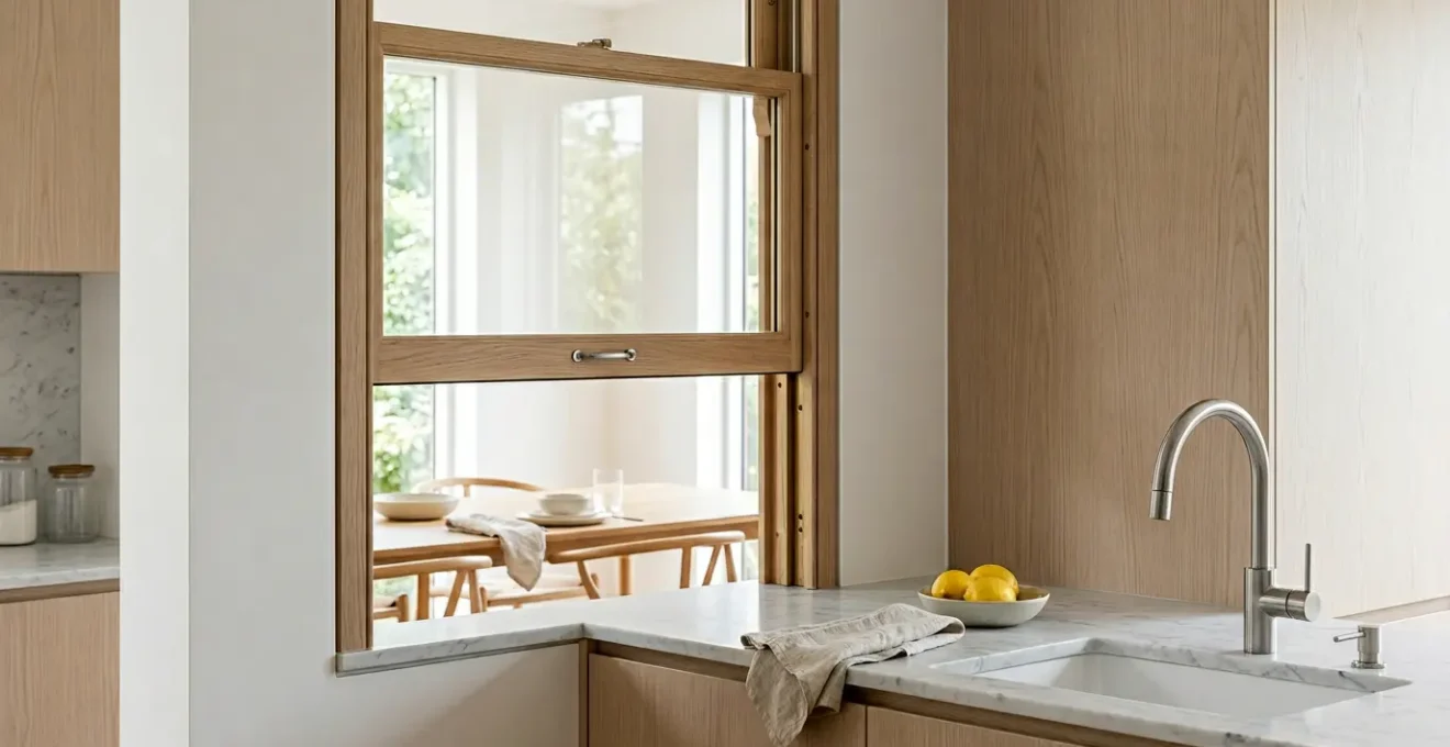 Passe-plat moderne avec fenêtre coulissante verticale entre cuisine et salle à manger