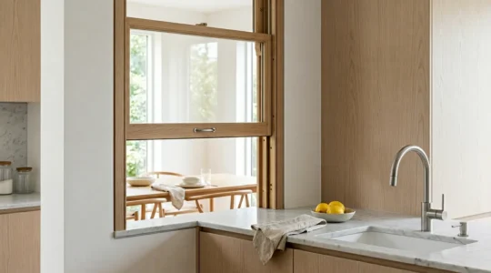 Passe-plat moderne avec fenêtre coulissante verticale entre cuisine et salle à manger