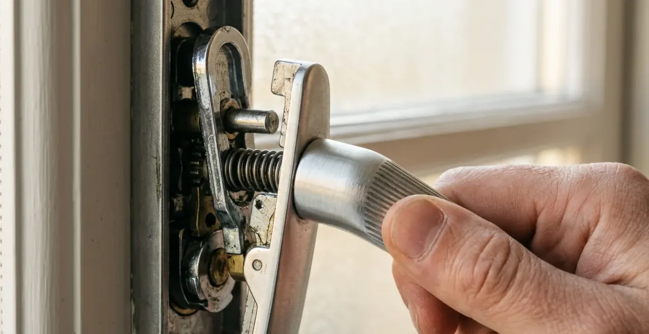 Mécanisme de sécurité d'une poignée Sécustik montrant les goupilles de verrouillage internes