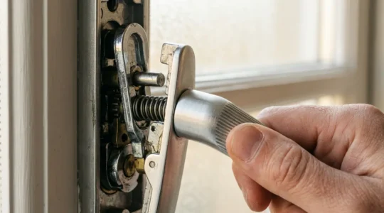 Mécanisme de sécurité d'une poignée Sécustik montrant les goupilles de verrouillage internes