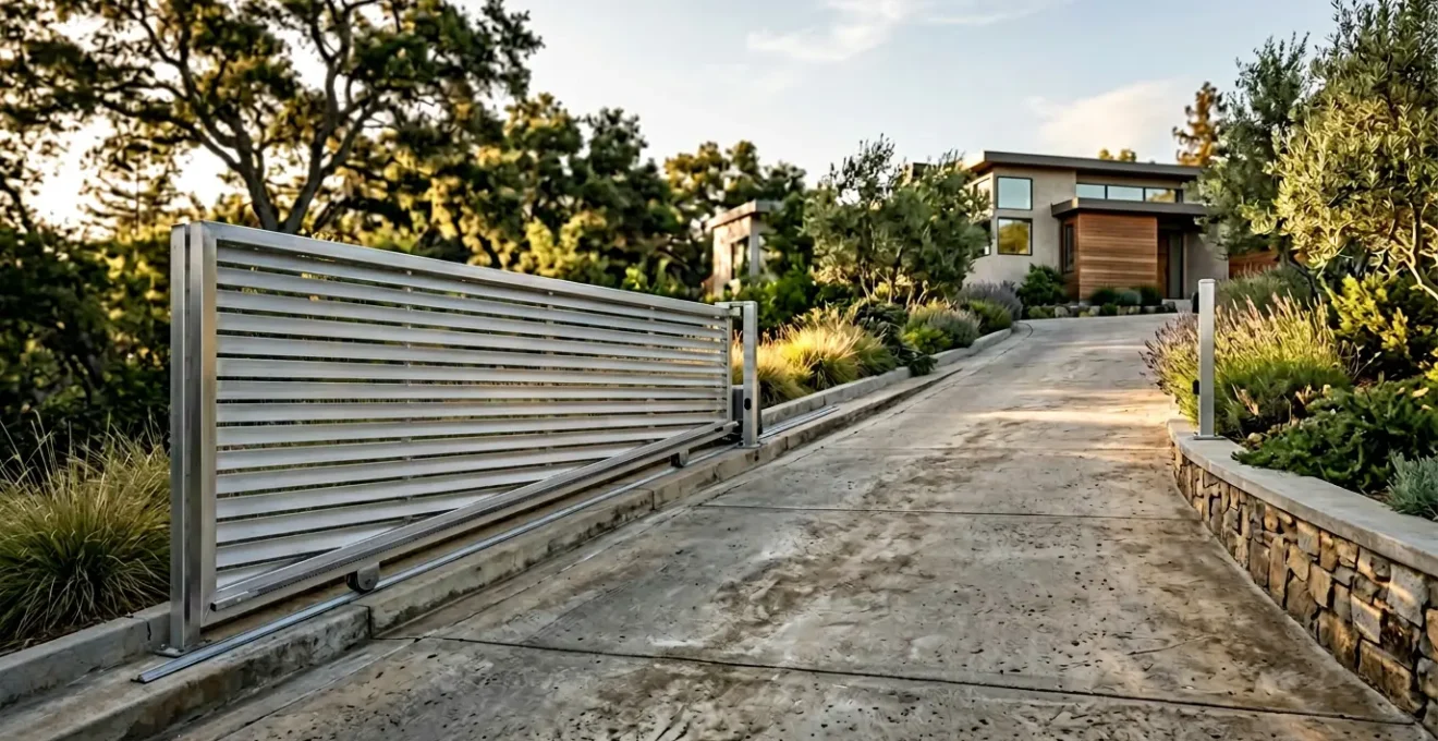 Portail coulissant en aluminium installé sur une entrée en pente avec végétation environnante