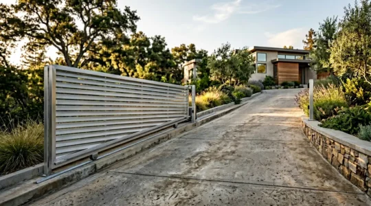 Portail coulissant en aluminium installé sur une entrée en pente avec végétation environnante