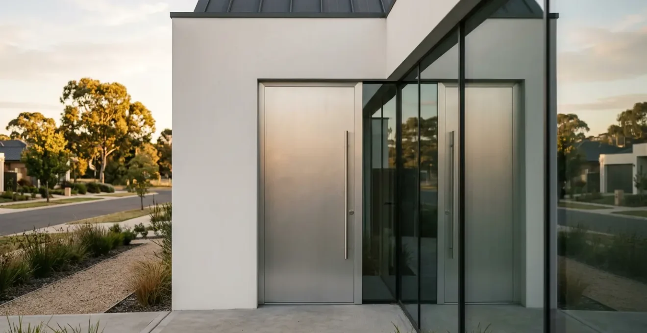 Porte d'entrée monobloc en aluminium intégrée dans une façade de maison contemporaine