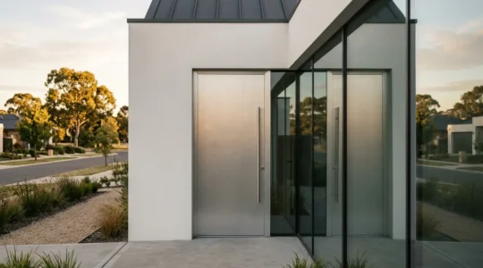Porte d'entrée monobloc en aluminium intégrée dans une façade de maison contemporaine