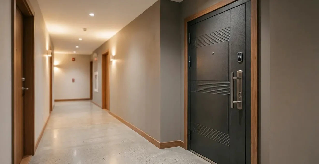 Porte blindée moderne intégrée dans le couloir d'un immeuble en copropriété