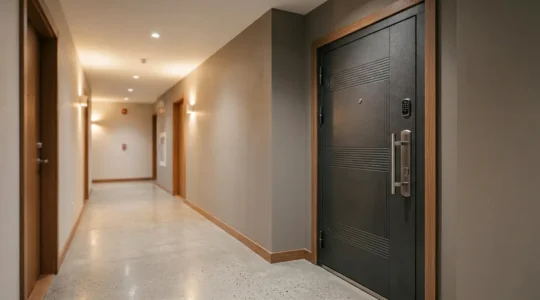 Porte blindée moderne intégrée dans le couloir d'un immeuble en copropriété