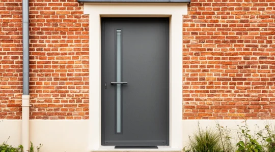 Vue de face d'une façade de maison des années 80 avec nouvelle porte d'entrée contemporaine en aluminium monobloc anthracite