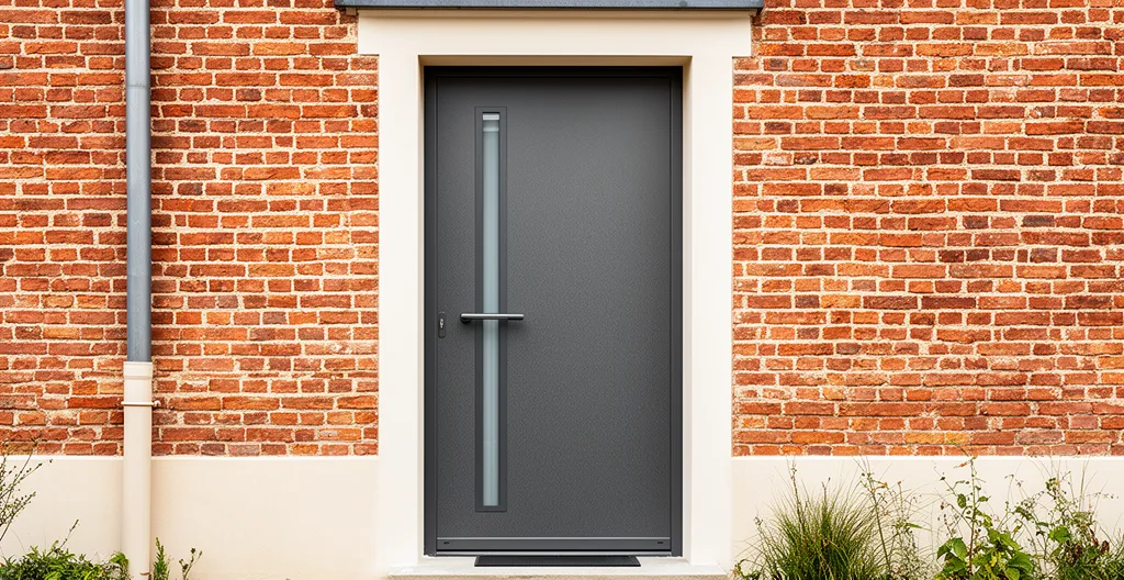 Vue de face d'une façade de maison des années 80 avec nouvelle porte d'entrée contemporaine en aluminium monobloc anthracite